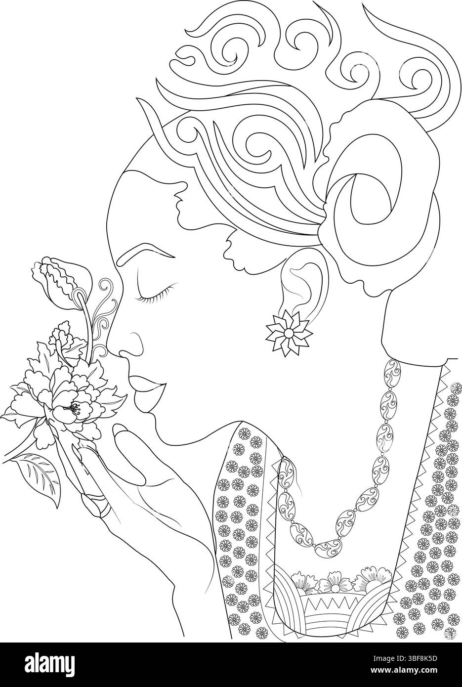 Illustration détaillée d'art au trait d'une belle femme sentant une fleur, mettant en vedette des cheveux complexes, des bijoux et des motifs de vêtements. Idéal pour colorer bo Illustration de Vecteur