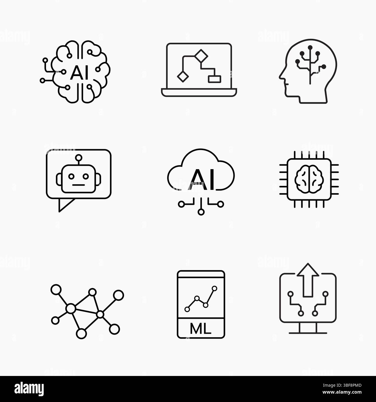Ensemble d'icônes ai minimalistes montrant la robotique, l'apprentissage automatique, la reconnaissance faciale et l'automatisation, illustration vectorielle Illustration de Vecteur