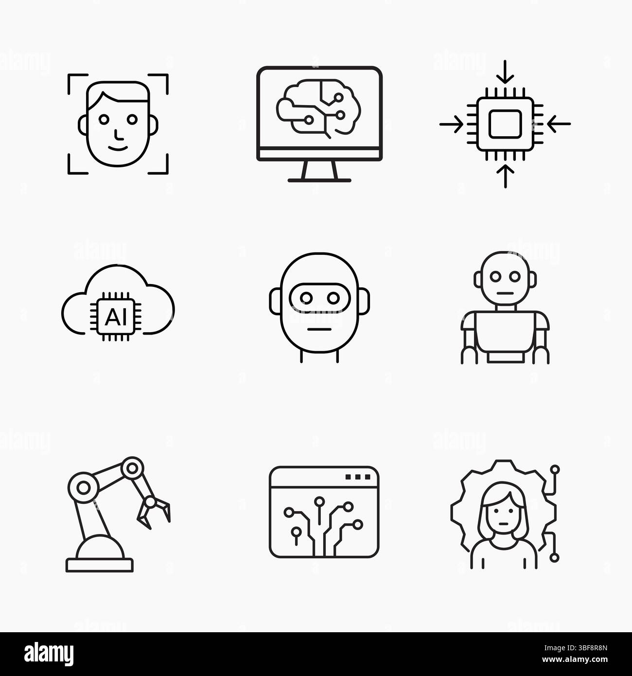 Ensemble d'icônes de contour minimaliste d'Intelligence artificielle représentant, robotique, reconnaissance faciale, apprentissage automatique et automatisation, illustration vectorielle Illustration de Vecteur