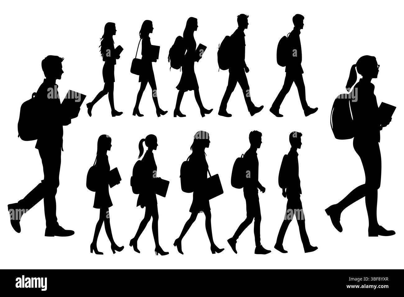 Silhouettes d'étudiants marchant avec des sacs à dos—figures masculines et féminines isolées sur blanc Illustration de Vecteur