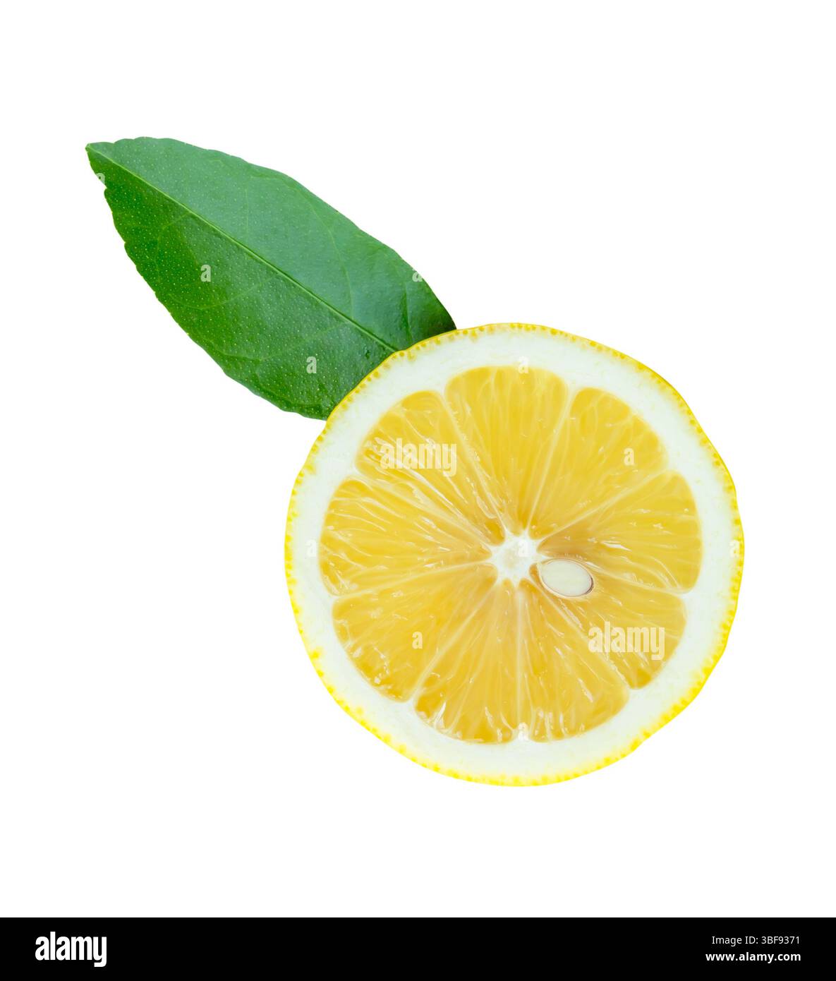 Vue de face de fruits de citron jaune mûr dans une moitié avec feuille verte est isolé sur fond blanc avec chemin de découpage. Banque D'Images