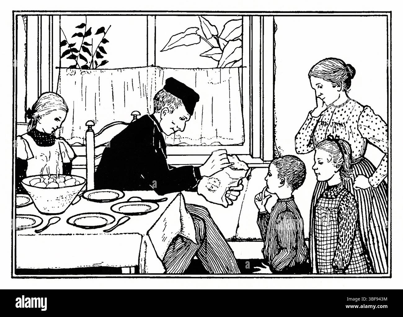 Gravure sur bois de Julie de Graag (v. 1918-1924). Cuisine familiale Art Nouveau. Collection Rijksmuseum. Idéal pour intérieur domestique Domaine public. Banque D'Images