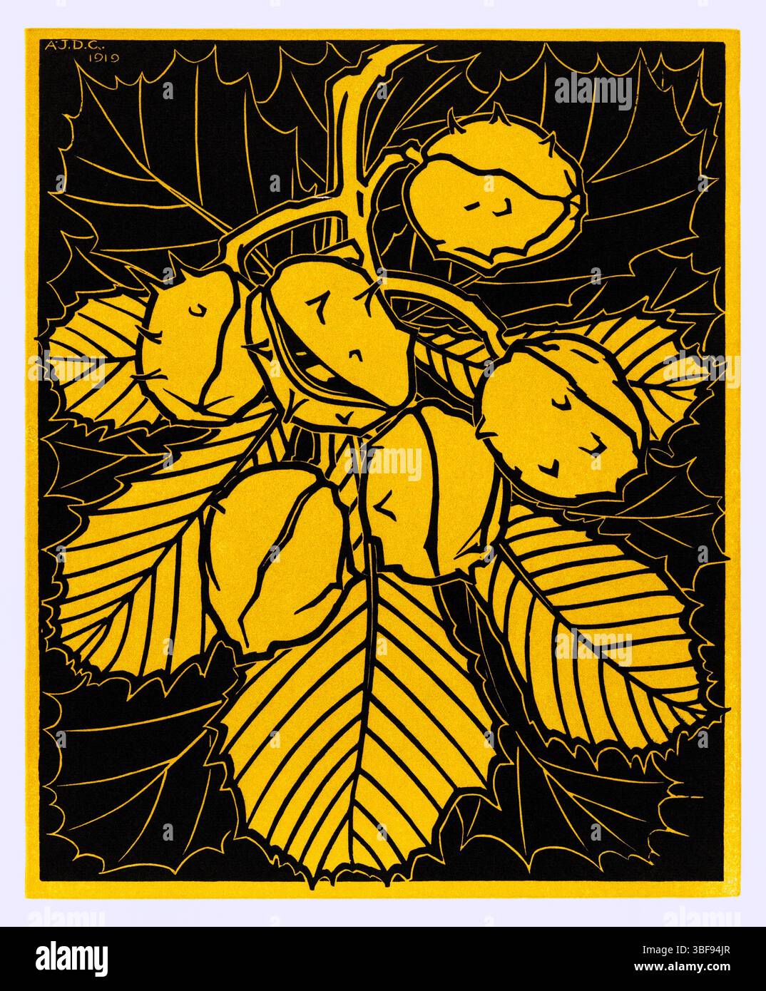 Gravure sur bois de Julie de Graag (1919). Branche de châtaignier Art Nouveau. Collection Rijksmuseum. Idéal pour les tirages nature. Domaine public haute résolution. Banque D'Images