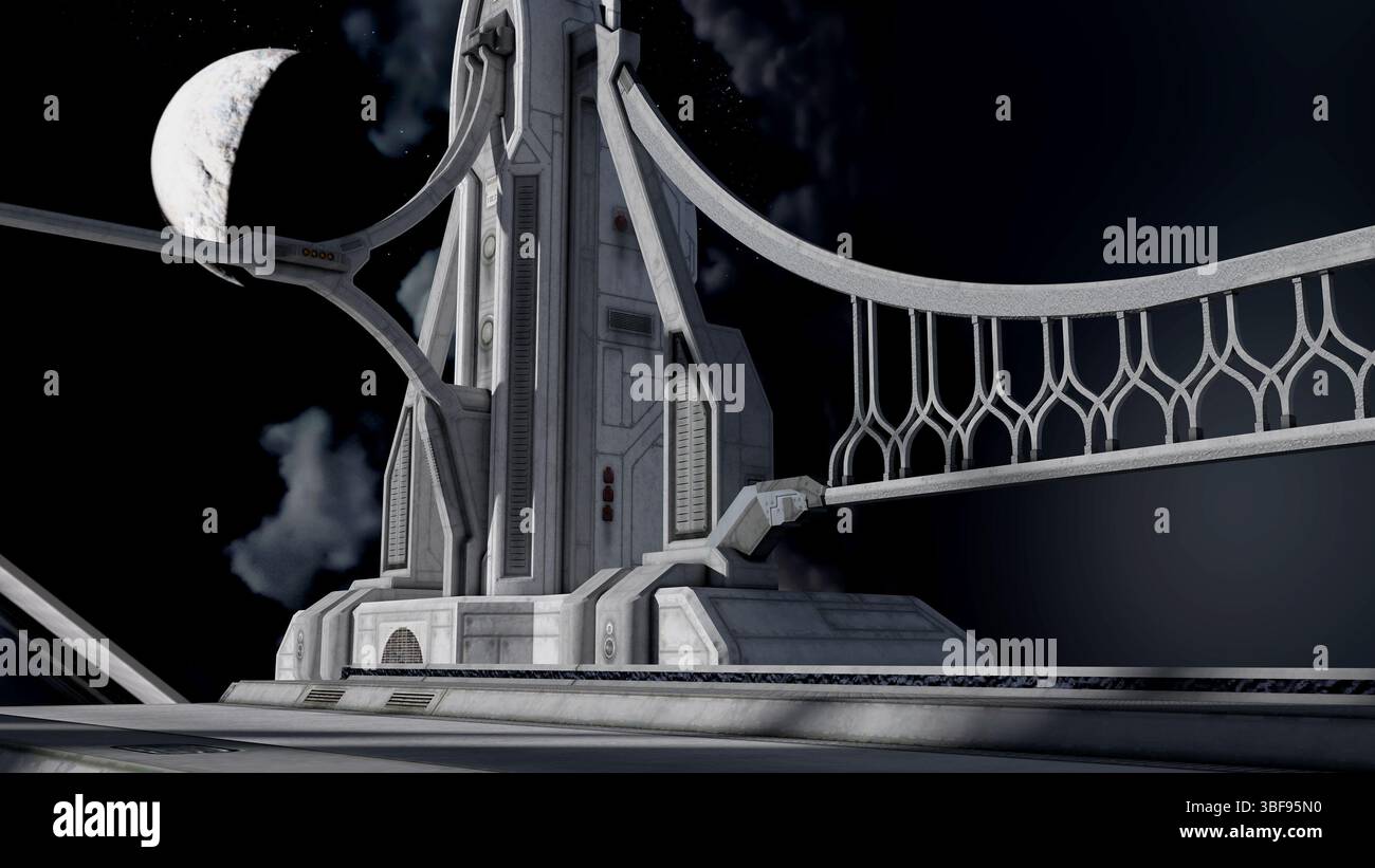 illustration 3d d'un support d'angle d'une plate-forme extraterrestre dans l'espace avec une grande exoplanète et la lune avec des nuages. Banque D'Images