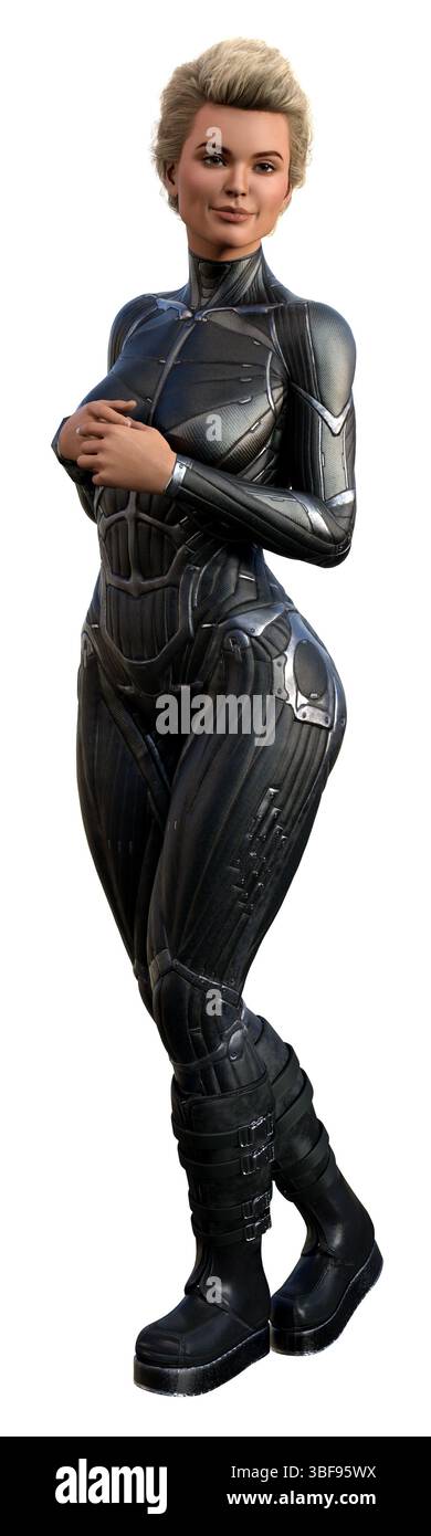 illustration 3d d'une femme dans un costume ajusté complet debout tenant ses mains ensemble sur un fond blanc. Banque D'Images
