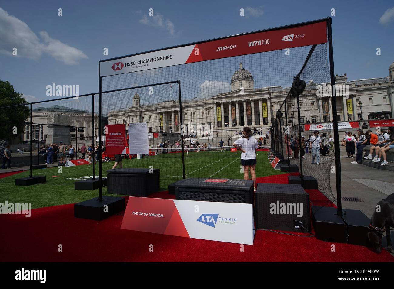 LONDRES, ROYAUME-UNI. 31 mai 2025. HSBC sponsorise les championnats HSBC, ce qui en fait la première fois depuis plus de 50 ans que le tennis féminin est de retour au Queen's Club de Trafalgar Square. Préparation des Championnats HSBC féminins à Londres, Royaume-Uni. (Photo de 李世惠/Voir Li/Picture Capital) crédit : Voir Li/Picture Capital/Alamy Live News Banque D'Images