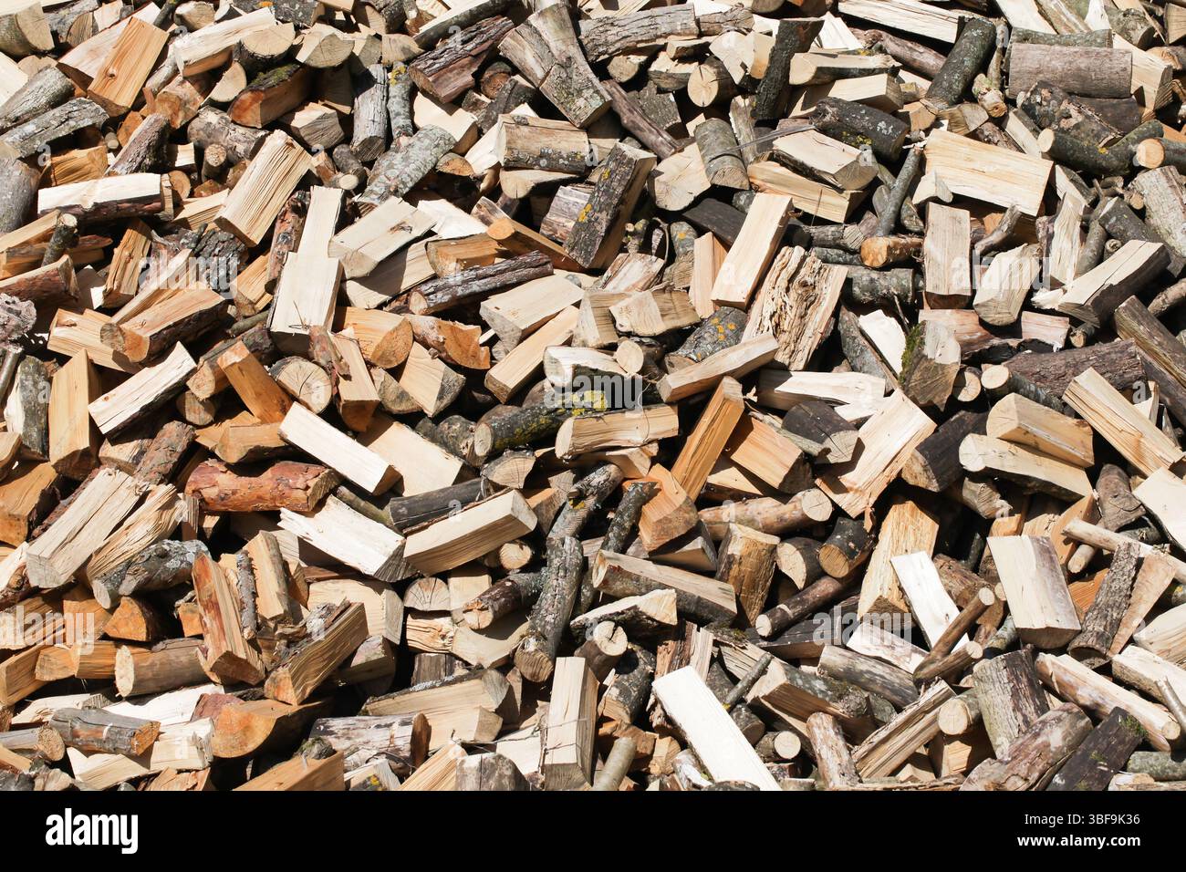 Fond de pile de copeaux de bois. Bois de chauffage et bois haché en gros plan. Morceaux de bois secs texturés. Ressource énergétique pour cheminée. Scène extérieure rustique. Banque D'Images
