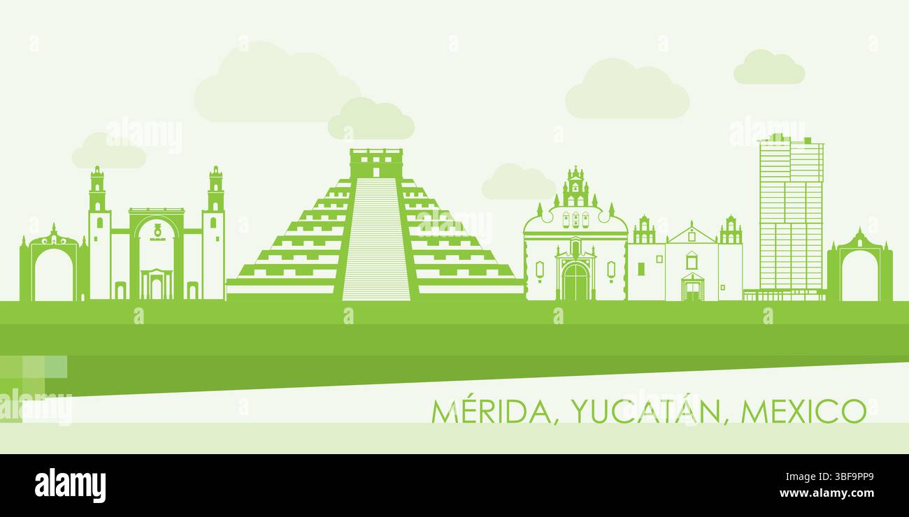Panorama vert Skyline de la ville de Merida, Yucatan, Mexique - illustration vectorielle Illustration de Vecteur