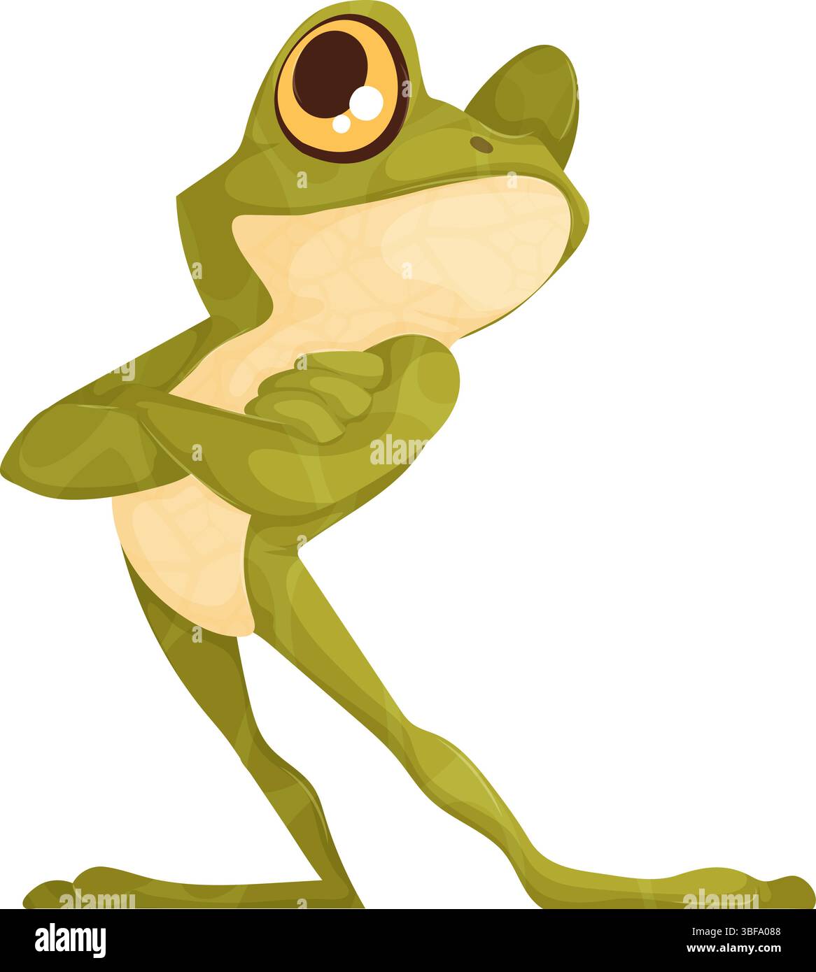 Il s'agit d'une représentation de dessin animé d'une grenouille verte debout sur deux pattes avec ses bras croisés. Il semble confiant et peut-être un peu sassy contre un b blanc Illustration de Vecteur