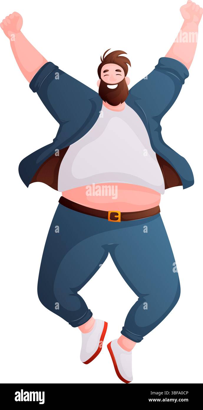 Dessin de style de dessin animé d'un homme joyeux sautant avec les bras levés. L'homme a une barbe, un surpoids, et porte des vêtements décontractés, mettant en valeur un moment o Illustration de Vecteur