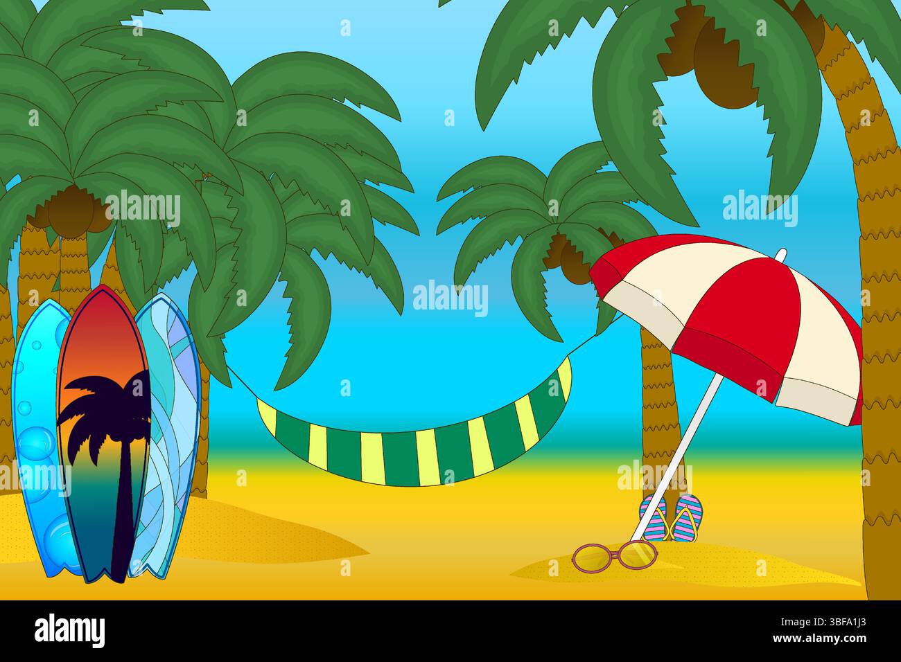Scène d'illustration vectorielle de dessin animé de plage tropicale avec des palmiers, des planches de surf, un hamac, un parapluie et des accessoires d'été. Pour l'été, les vacances, Illustration de Vecteur