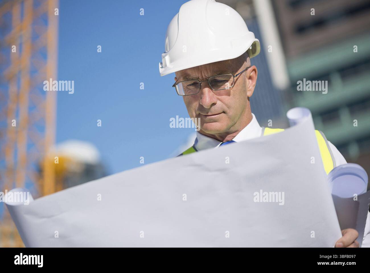 Ingénieur de construction in hardhat avec projet en mains Banque D'Images