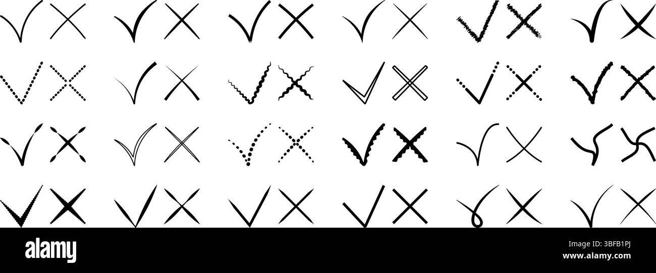 Coches et croix noires monochromes définies, coches et icônes de ligne X pour les cases à cocher et les documents de vote. Signes d'approbation et de rejet de vecteur en différe Illustration de Vecteur