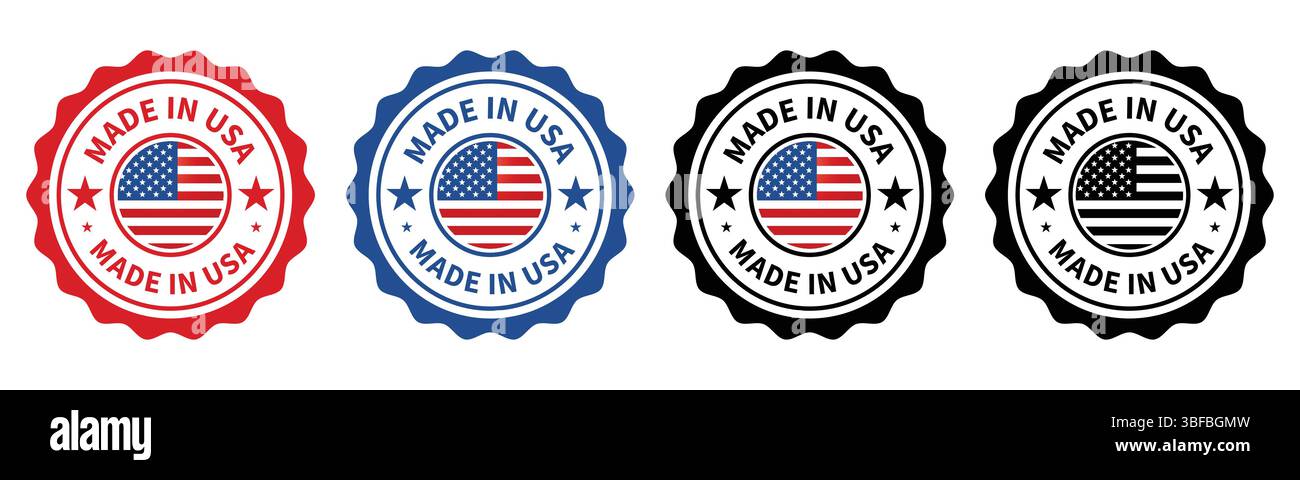 Fabriqué aux États-Unis timbres badges en rouge bleu noir et monochrome Illustration de Vecteur