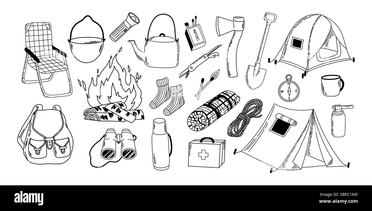 Illustration vectorielle de style doodle noir et blanc dessinée à la main présentant une collection d'éléments de camping isolés, y compris tente, hache, bouilloire, pot, kni Illustration de Vecteur