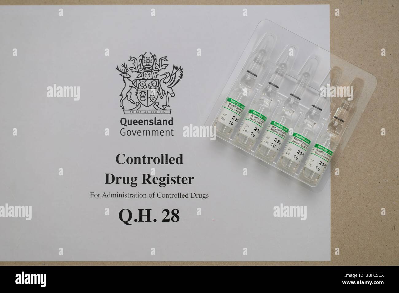 Registre des drogues contrôlées, S8 opiacés restreints médicaments à base de morphine narcotique, abus de drogues et toxicomanie, surdose sur ordonnance et décès Banque D'Images