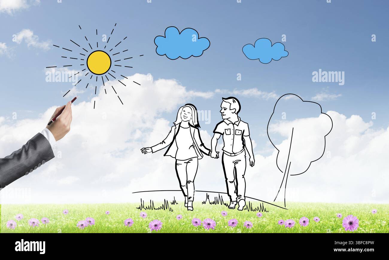 Famille heureuse dessinés à la main, dans les tenues de la marche à l'extérieur Banque D'Images