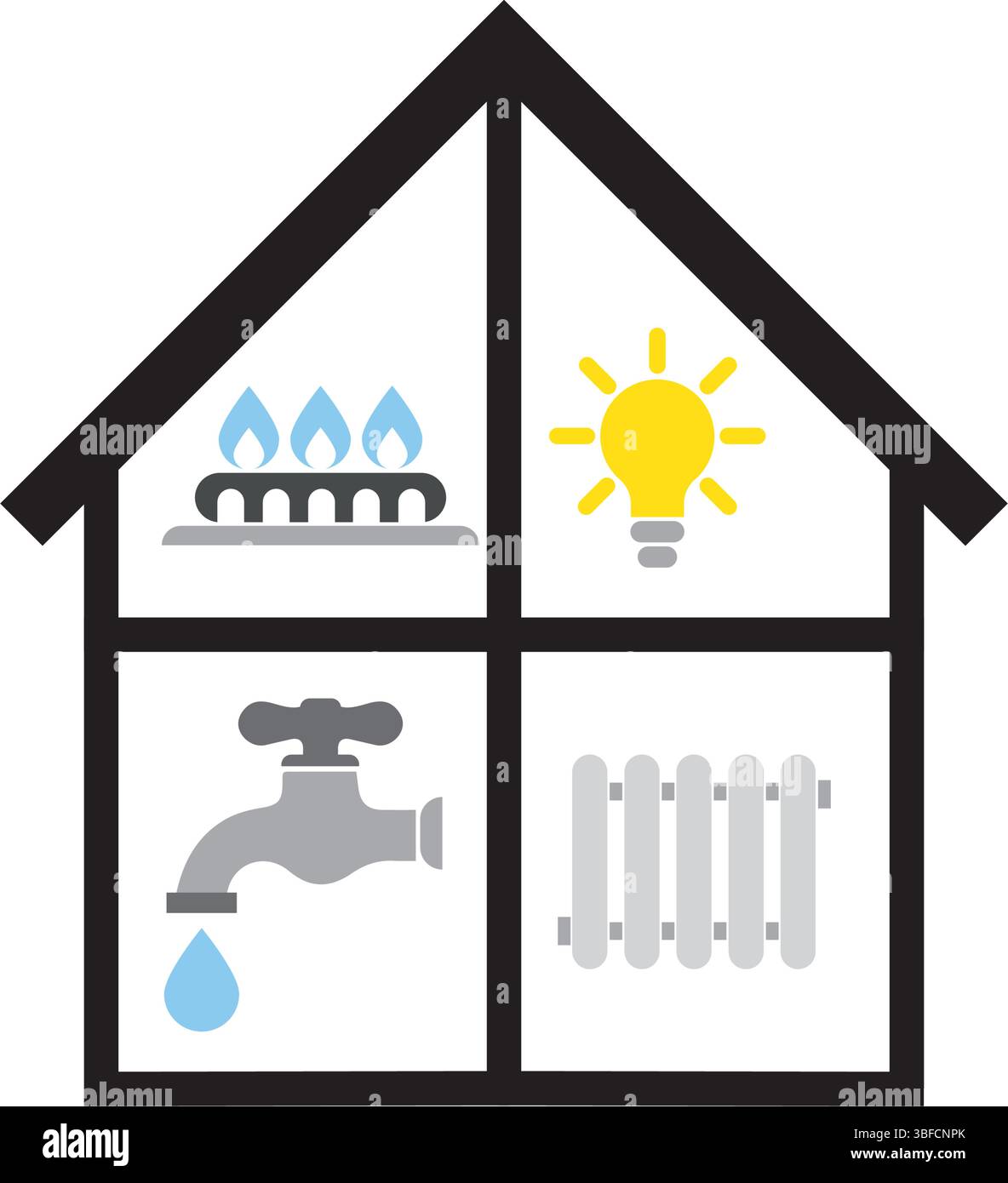 Icônes de factures d'électricité dans le style plat dans le signe de la maison : eau, gaz, éclairage, chauffage. Définir le vecteur des signes de paiement des services publics Illustration de Vecteur