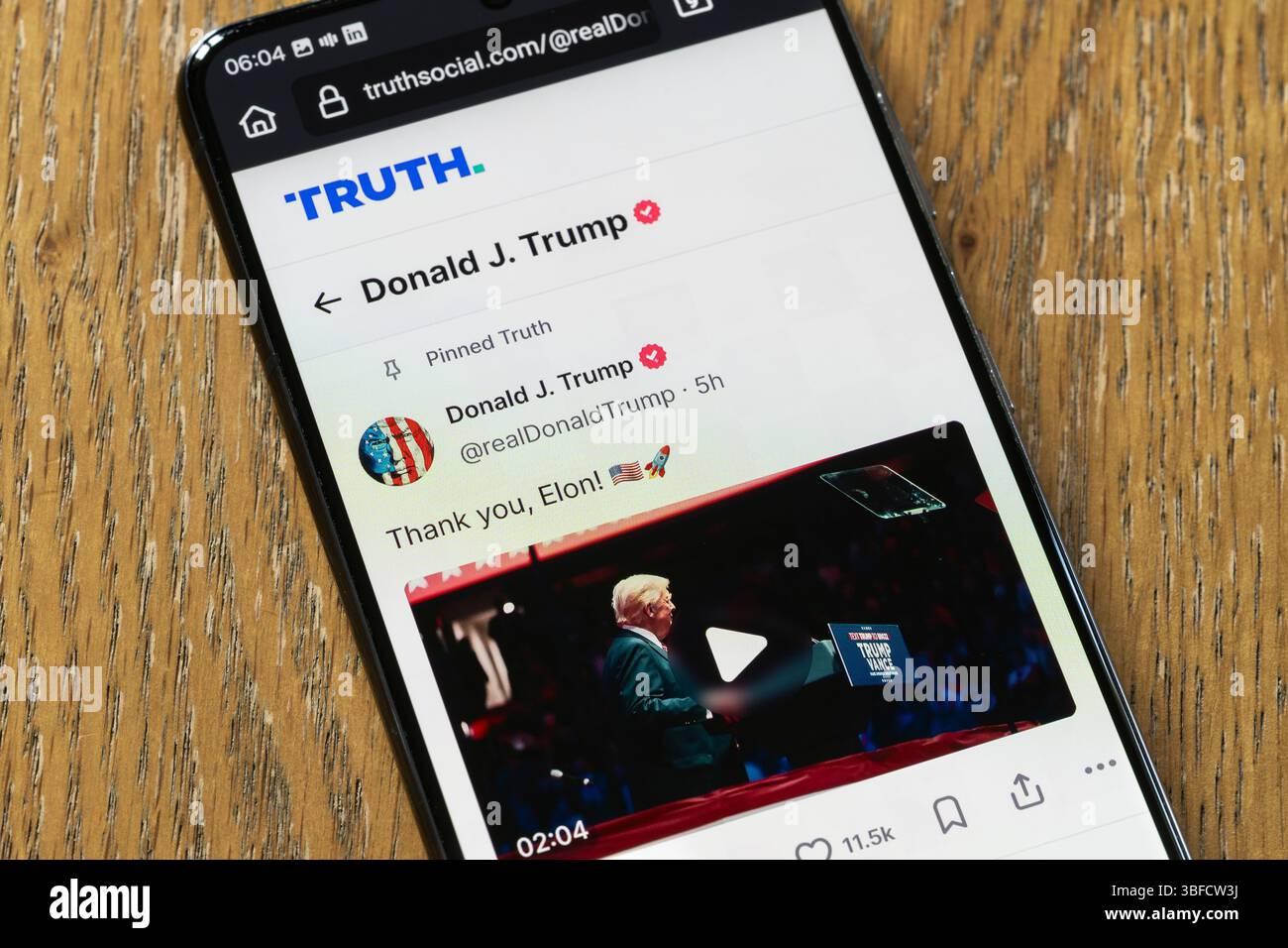 Donald Trump a publié sur son site Truth social remerciant Elon Musk, ancien chef de Doge, pour son travail de réduction des dépenses publiques. Mai 2025 Banque D'Images
