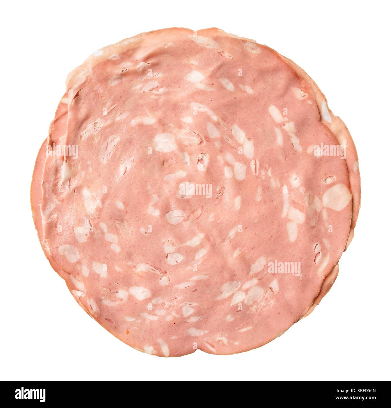 Tranches de saucisse italienne mortadelle découpée sur fond blanc Banque D'Images