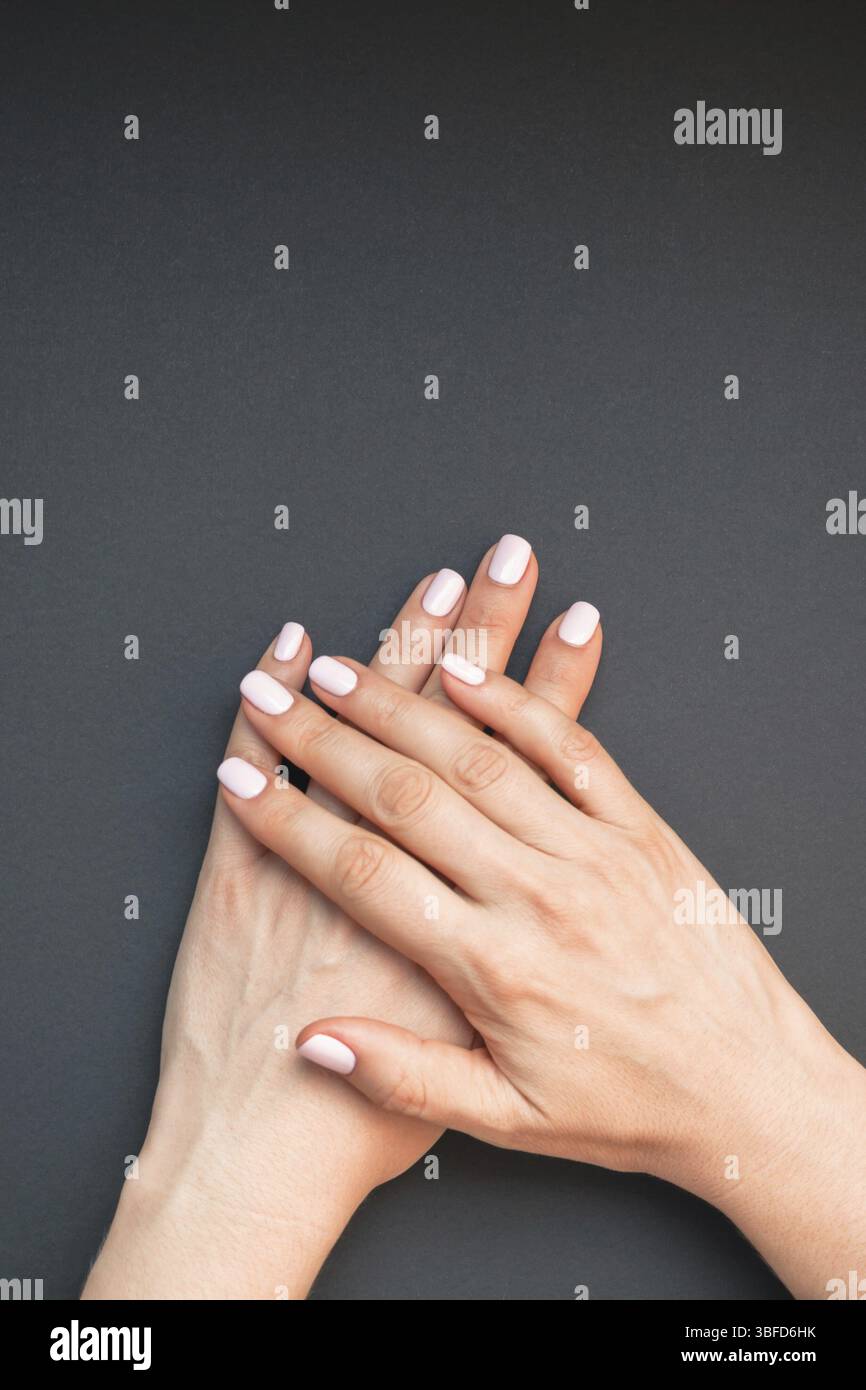 Mode femme élégante rose pastel manucure. Beautiful young woman's hands sur fond noir. Beauté et Spa concept. Modèle de blog féminin soci Banque D'Images