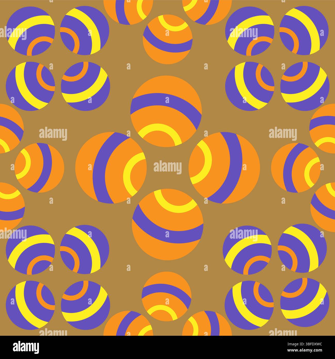 Motif contemporain sans couture avec sphères géométriques colorées avec des rayures courbes concentriques. Le fond doré chaud complète l'orang audacieux Illustration de Vecteur