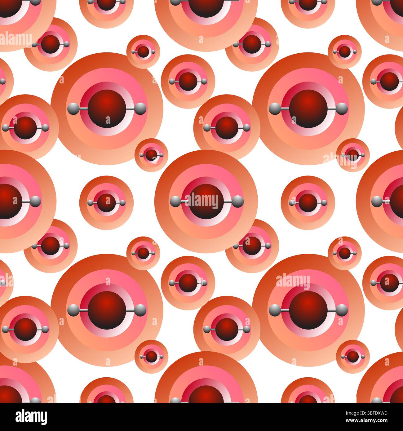 Motif abstrait vibrant sans couture avec des molécules d'eau stylisées rouges et roses sur un fond blanc. Ce design scientifique contemporain combine Illustration de Vecteur