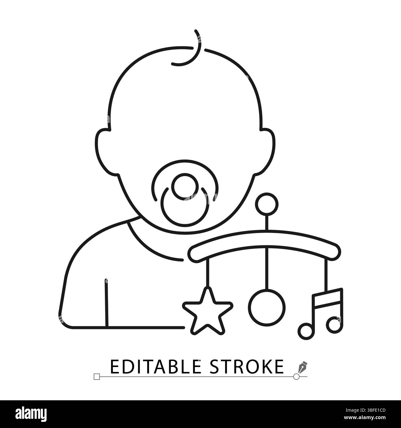 Icône de bébé avec sucette et berceau mobile dans un style de contour noir minimal sur fond blanc. Vecteur de course modifiable pour la relaxation de bébé, décor de pépinière Illustration de Vecteur
