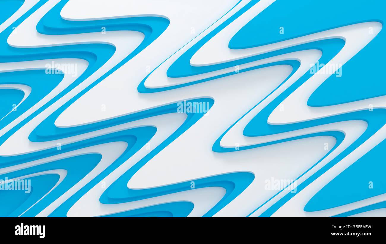 Arrière-plan de motif d'ondes superposées abstrait 3D, vagues de calque bleues et blanches. rendu 3d. Banque D'Images