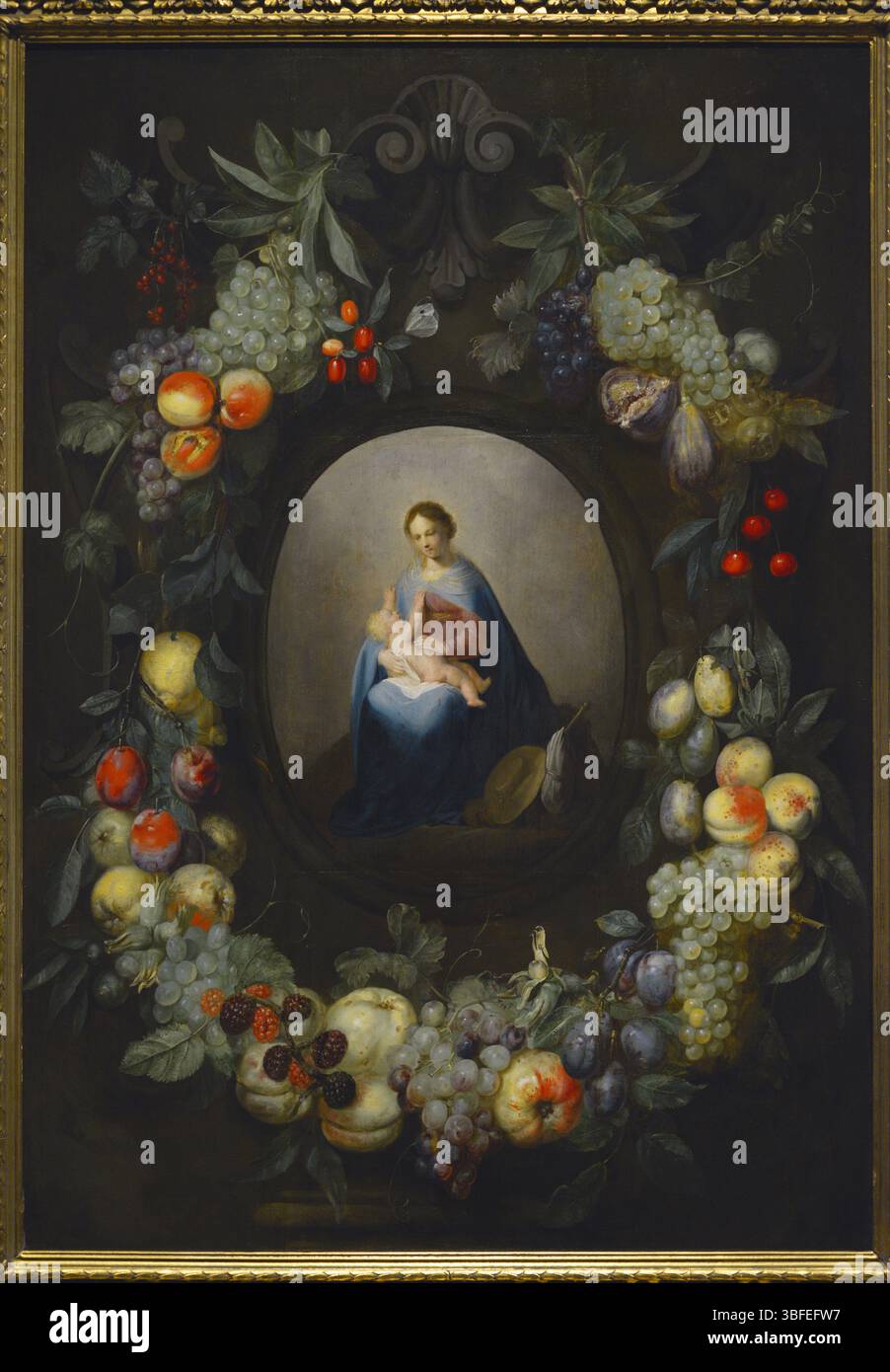Madonna entourée d'une guirlande de fruits. Peinture réalisée au milieu du XVIIe siècle par Frans Ykens (1601-1693) et Pieter Fransz de Grebber (v. 1600-1653). Huile sur bois, 100 x 71,5 cm Musée d'art d'Estonie (Eesti Kunstimuuseum). Tallinn. Auteur : Frans Ykens (1601-1693). Peintre flamand. Pieter Fransz de Grebber (v. 1600-1653). Peintre hollandais. Banque D'Images