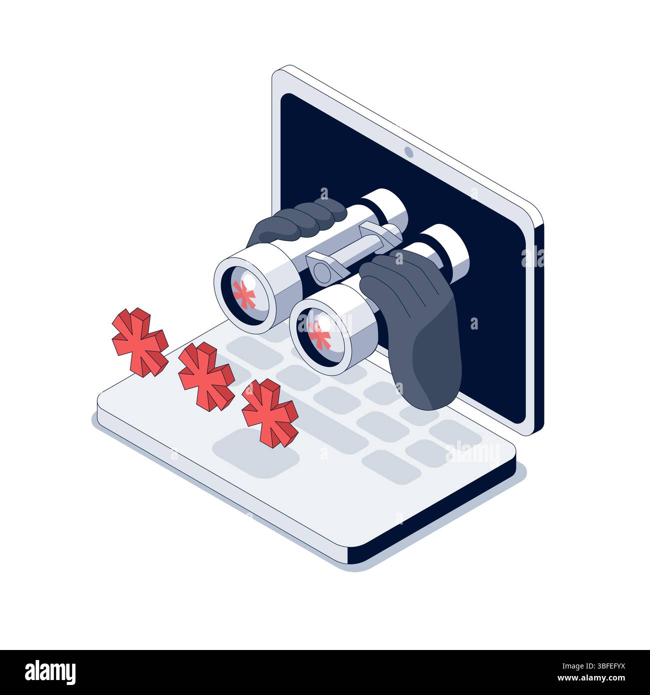 Le scammer surveille le mot de passe. Les jumelles apparaissent à l'écran. Le logiciel espion Keylogger surveille les frappes des utilisateurs pour voler les mots de passe. Logiciel malveillant Illustration de Vecteur