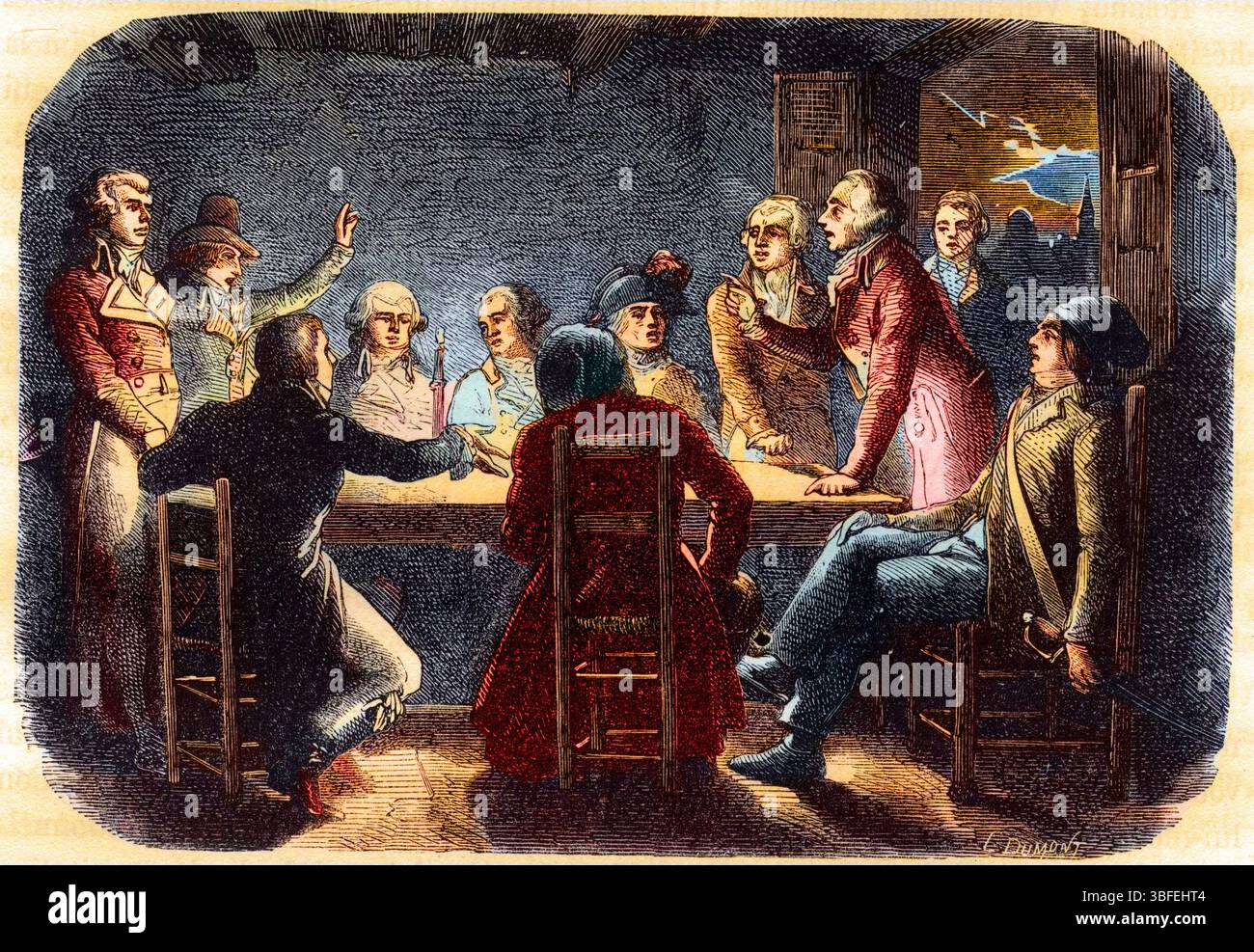 Rencontre secrète à Charenton - Charenton plot, mai 1793 - les Girondins accusent Georges Jacques Danton de conspirer avec la commune de Paris (Georges Danton, Maximilien de Robespierre, Claude Basire, François Chabot, Jean Nicolas Pache, Jacques René Hébert et Pierre Gaspard Chaumette sont présents lors de la rencontre) Banque D'Images
