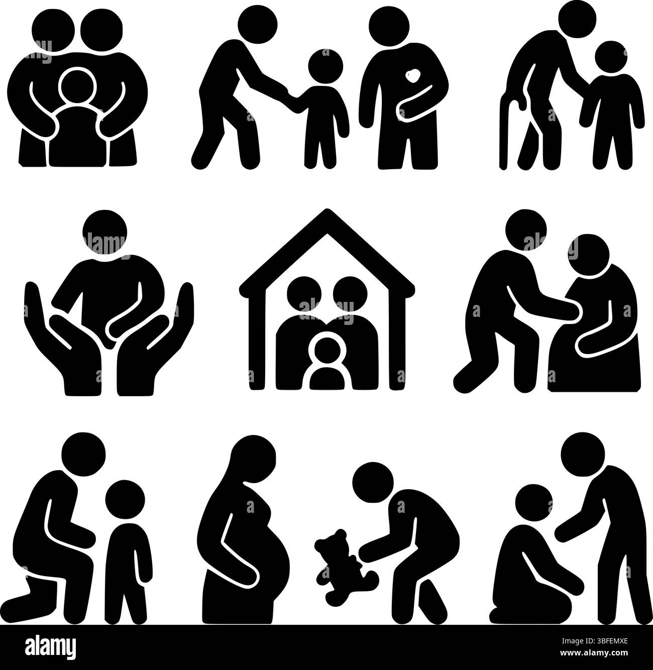 Icônes des soins familiaux et sociaux – symboles parentaux, soutien aux aînés et bien-être de l'enfance Illustration de Vecteur