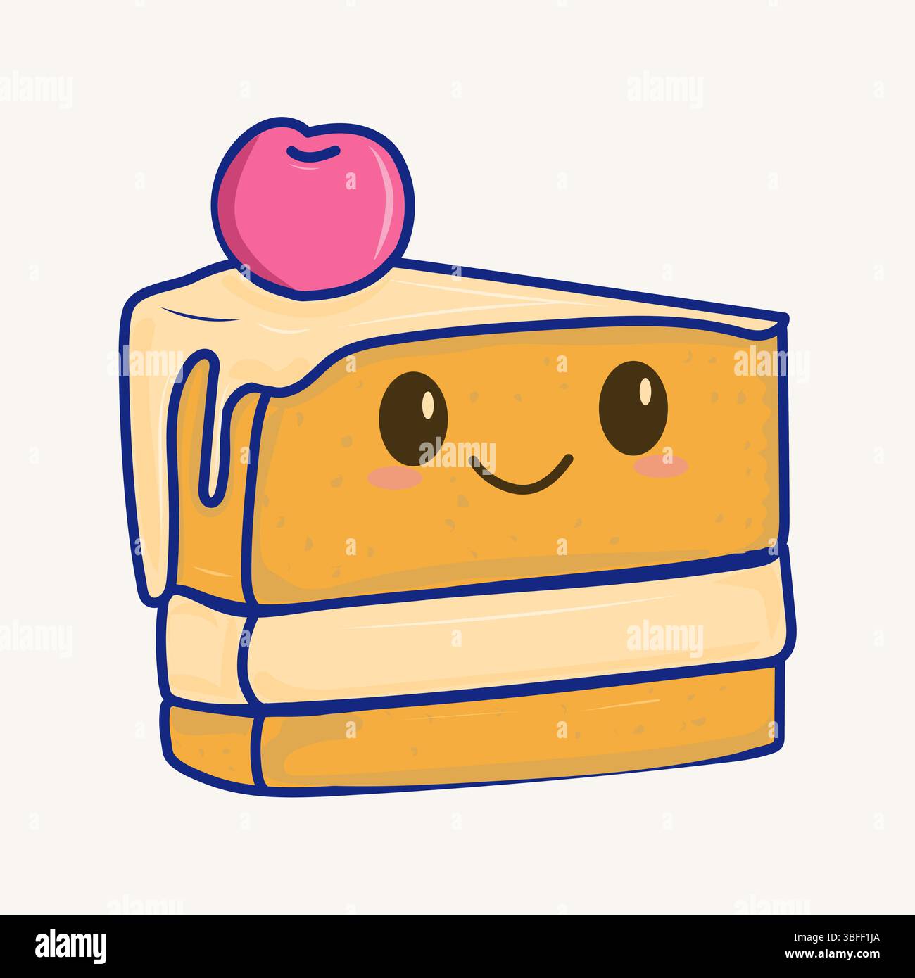 Vecteur plat de morceau de gâteau de style de dessin animé kawaii avec gâteau de visage souriant avec cerise Illustration de Vecteur