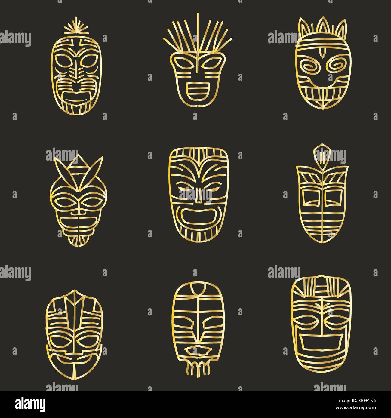 Set Gold Line tribal masques vecteur plat isolé, forme dorée vintage Illustration de Vecteur