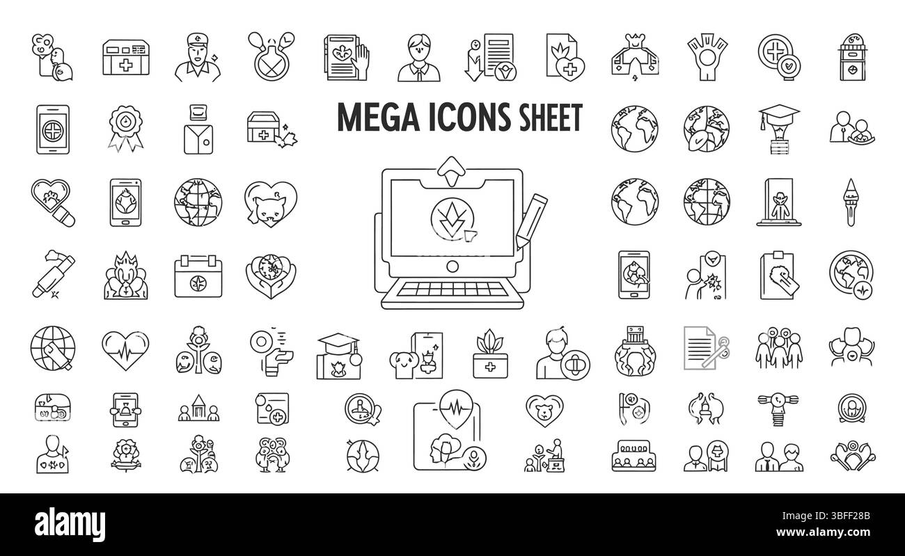 Ensemble d'icônes vectorielles de charité linéaire, feuille d'icônes. Illustration de Vecteur