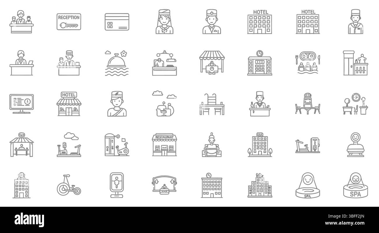 Ensemble d'icônes vectorielles linéaires d'hôtel, feuille d'icônes. Illustration de Vecteur