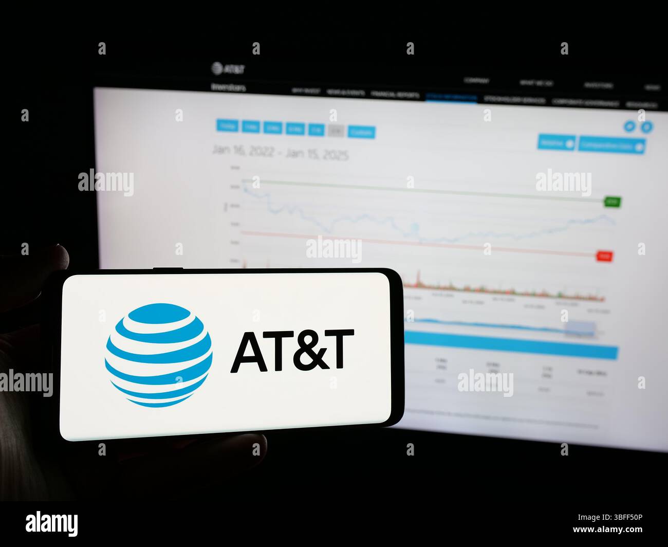 Stuttgart, Allemagne - 01-16-2025 : personne tenant un smartphone avec le logo de la société américaine de télécommunications ATT Inc (AT et T) sur l'écran Banque D'Images