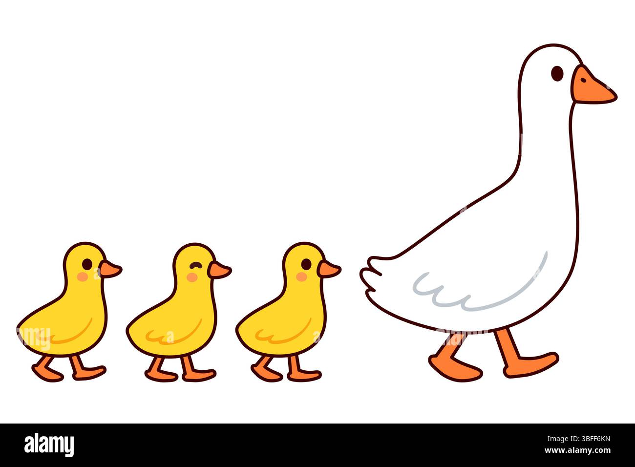 Mignonne oie de dessin animé marchant avec trois bébés oisons. Dessin simple, illustration clipart vectorielle isolée. Illustration de Vecteur