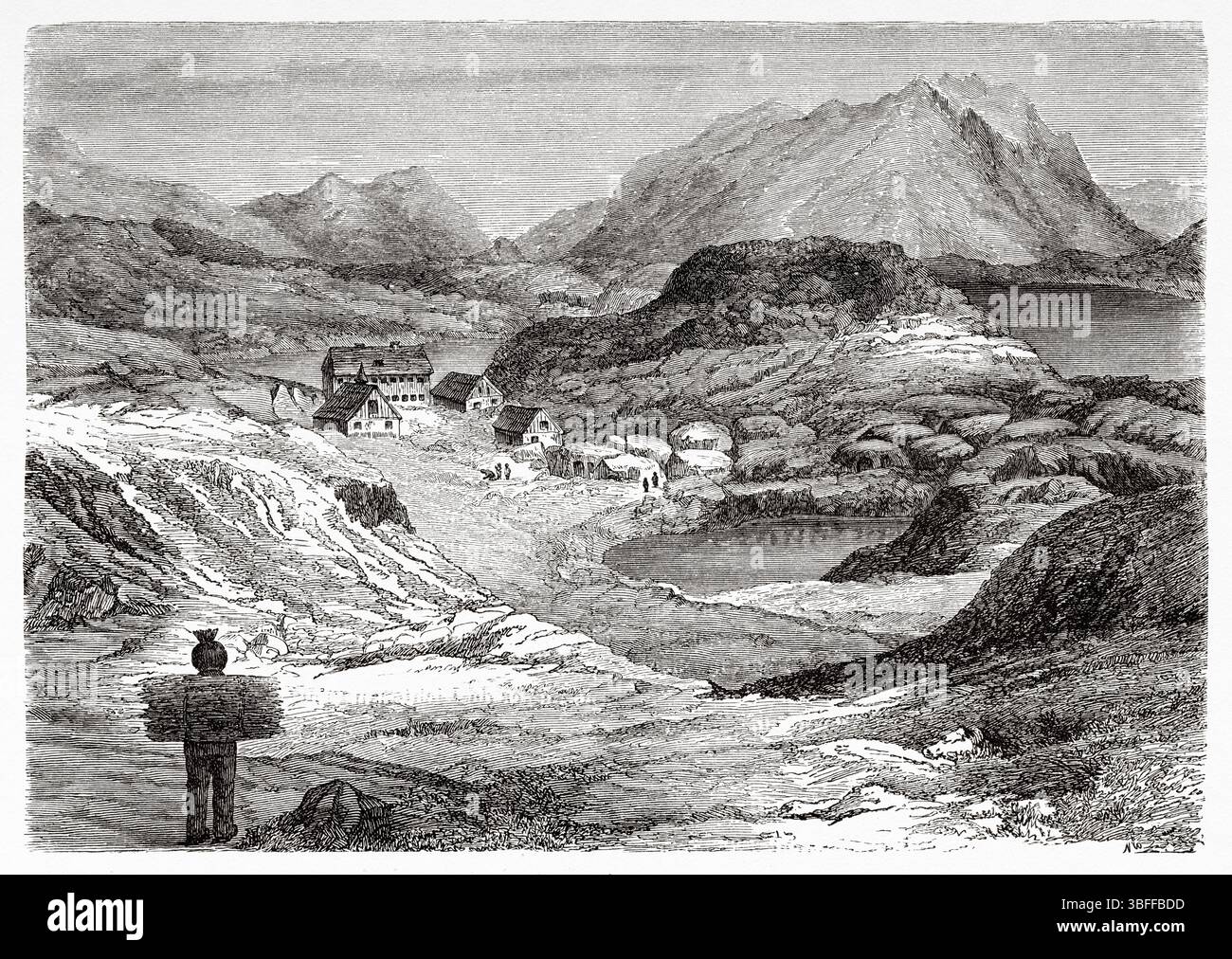 Vue panoramique de Lichtenau, Groenland. Deuxième expédition polaire nord allemande des navires la Germania et la Hansa en 1869-1870 par le capitaine Paul Friedrich August Hegemann (1836-1913) le Tour du monde 1874 Banque D'Images