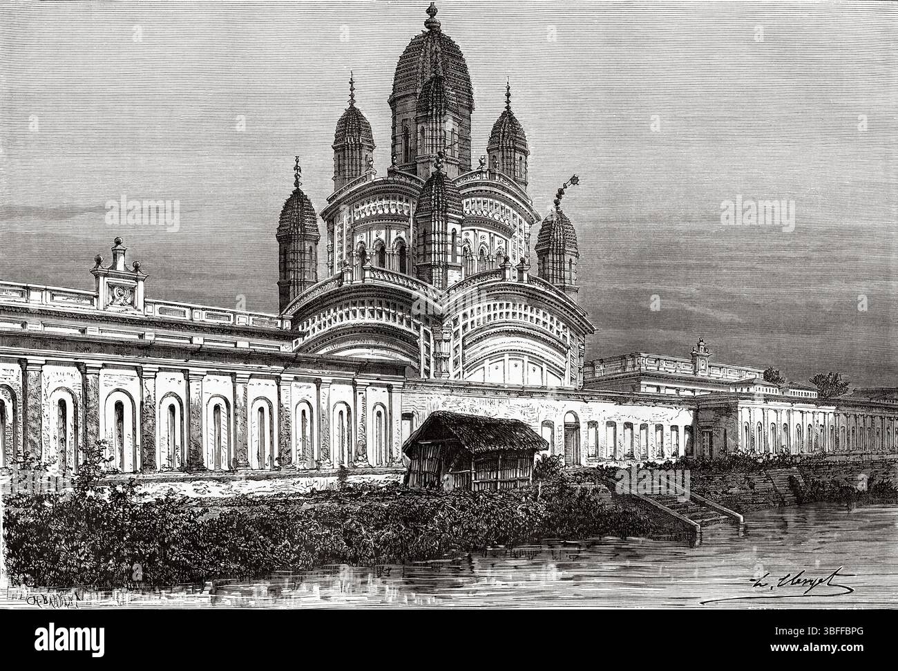 Temple Dakshineswar Kali, temple hindou navaratna à Dakshineswar, North 24 Parganas, West Bengale. Inde. Dessin d'Hubert Clerget (1818-1899) voyages en Inde centrale et dans les présidences de Bombay et du Bengale, 1876 de Louis Théophile Marie Rousselet (1845-1929) le Tour du monde 1874 Banque D'Images