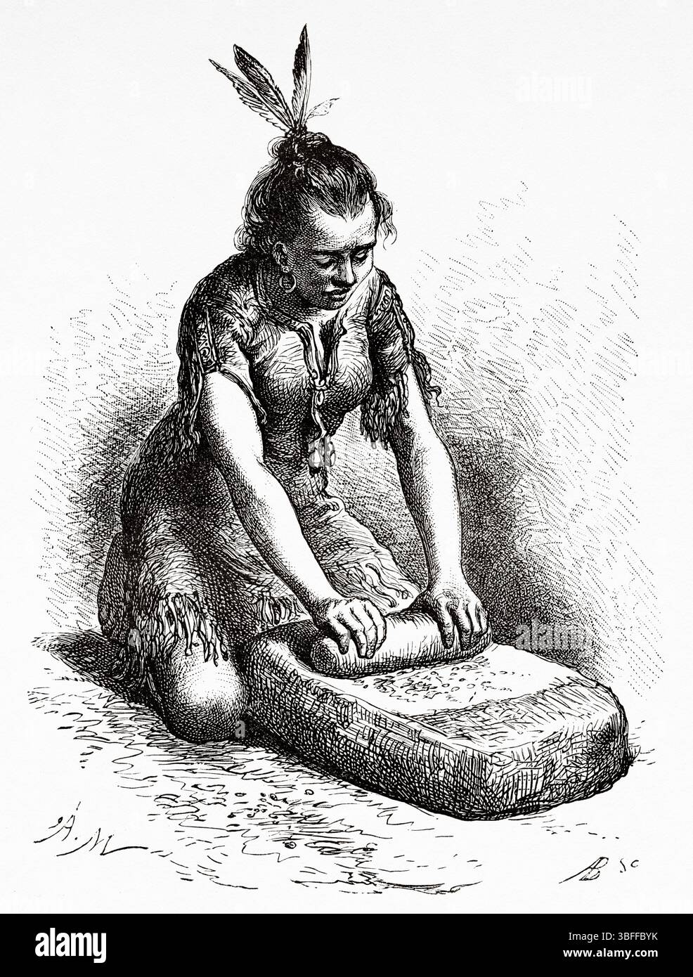 Femme nord-américaine indigène de la tribu Ute moulant le maïs. Utah (États-Unis d'Amérique). Dessin de A. Marie. Voyage de Washington à San Francisco, 1868 par Lambert Marius Laurent Louis Simonin (1830-1886) le Tour du monde 1874 Banque D'Images