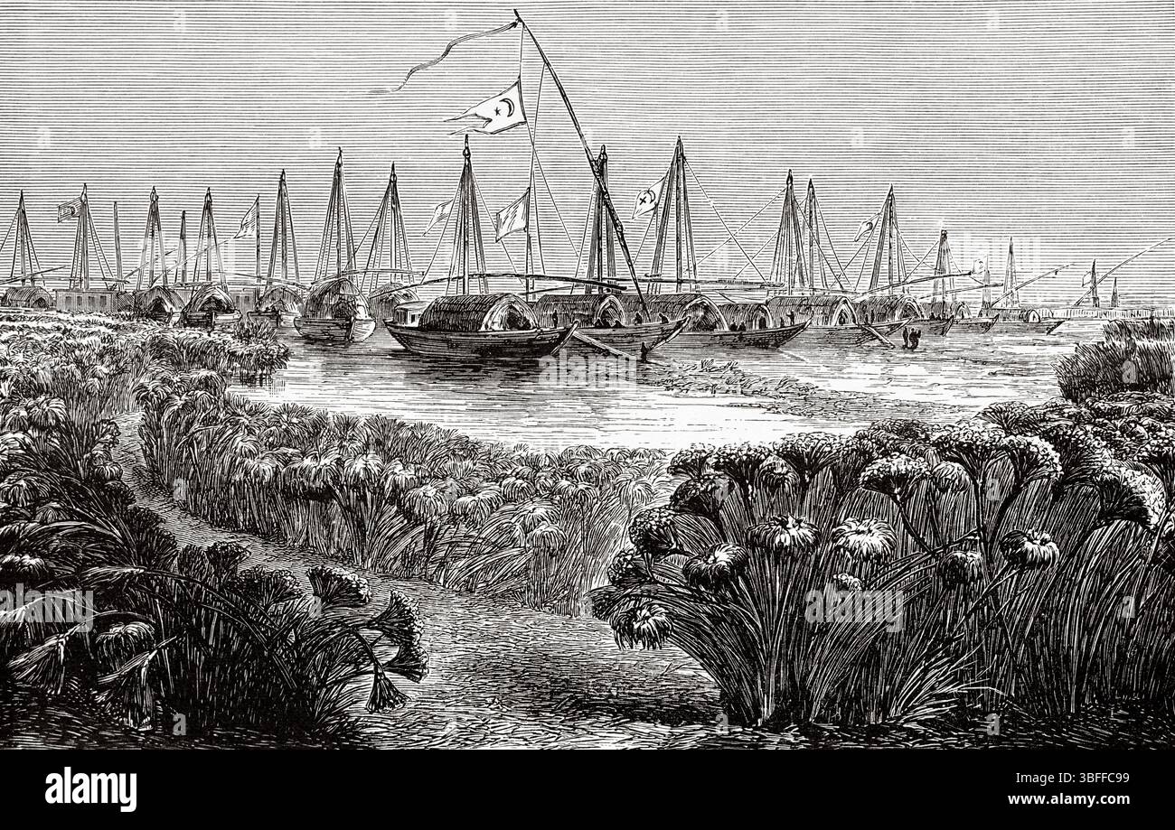 Vue sur la Meshera, Port Rek. Soudan du Sud. Afrique. Le coeur de l'Afrique. Trois ans de voyage et d'aventure dans les régions inexplorées de l'Afrique centrale, 1868 à 1871by Georg August Schweinfurth (1836-1925) le Tour du monde 1874 Banque D'Images