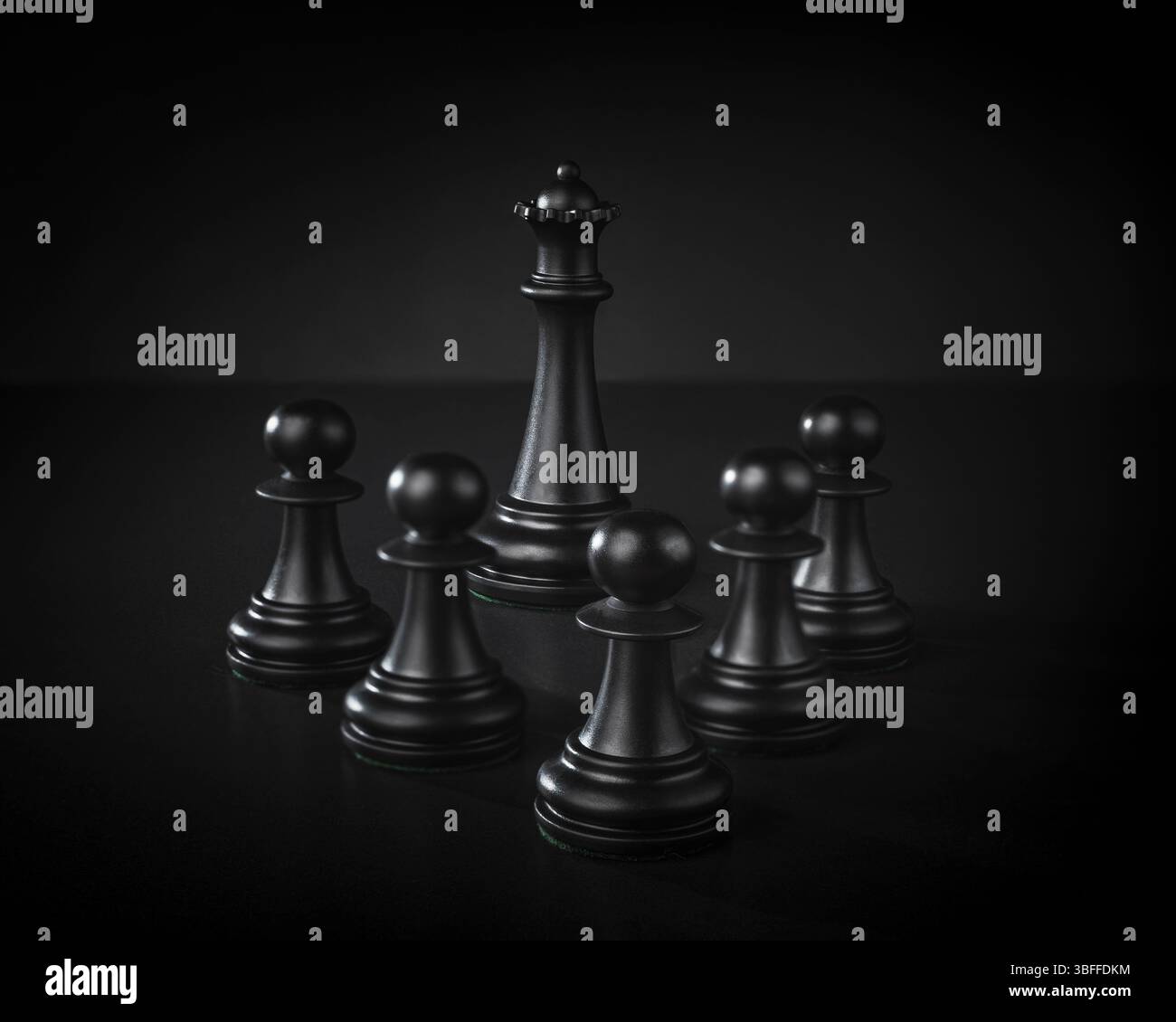 reine derrière les pions pièces d'échecs, concept de gestion d'équipe sombre atmosphère dramatique chiaroscuro Banque D'Images