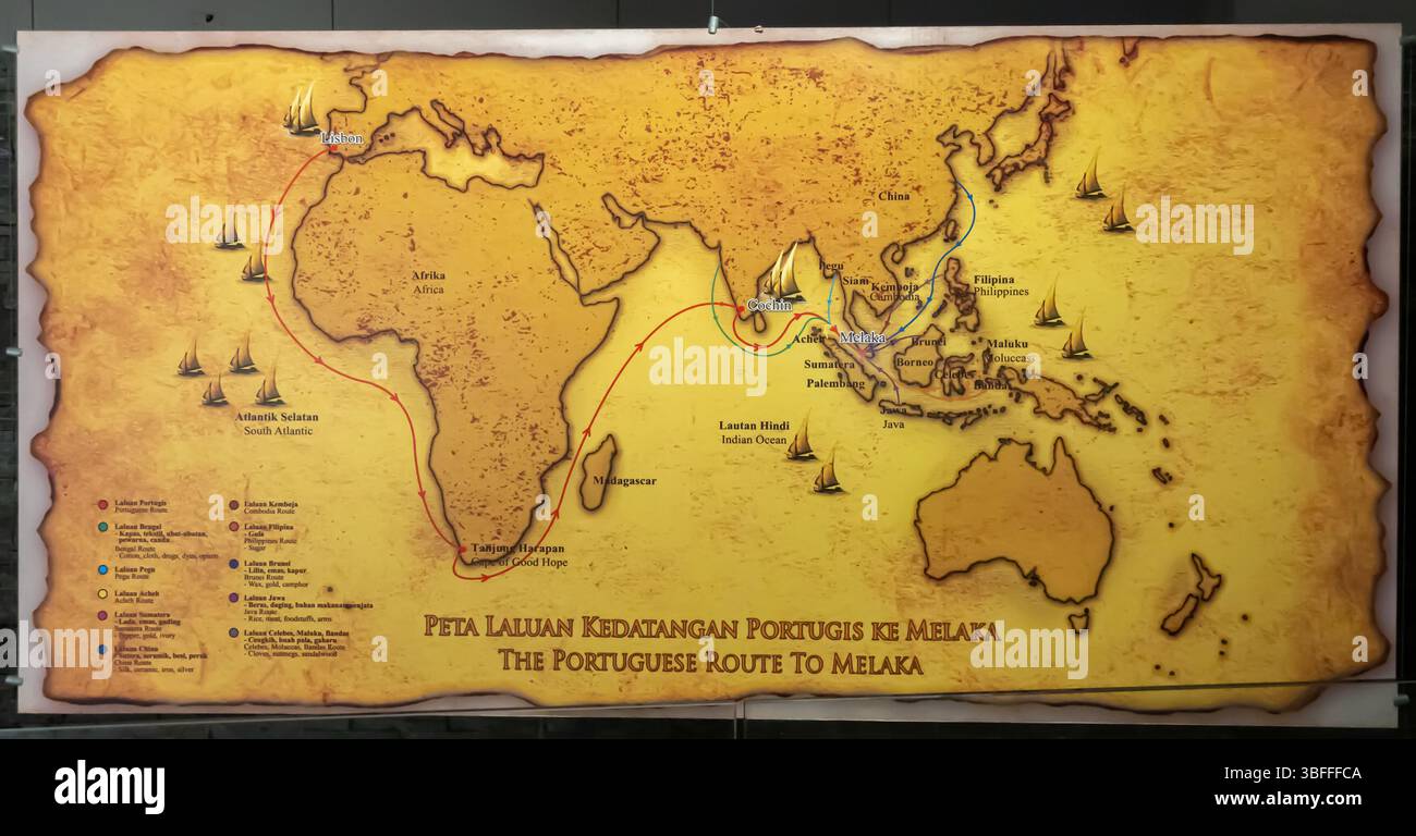 Route portugaise du XVIe siècle à Melaka carte Banque D'Images