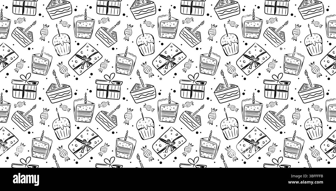Motif sans couture dessiné à la main avec des gâteaux d'anniversaire et des boîtes-cadeaux. Dessin noir et blanc vectoriel Doodle. Illustration de Vecteur