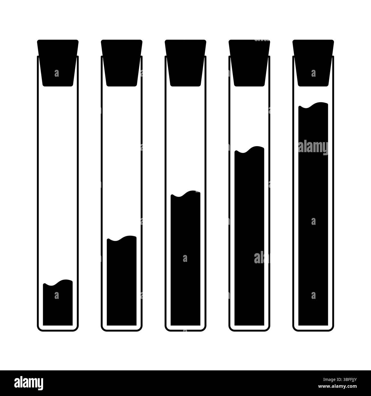 Tubes à essai avec différents niveaux de liquide illustration vectorielle. Illustration vectorielle de cinq tubes à essai de laboratoire verticaux disposés en ligne. Illustration de Vecteur