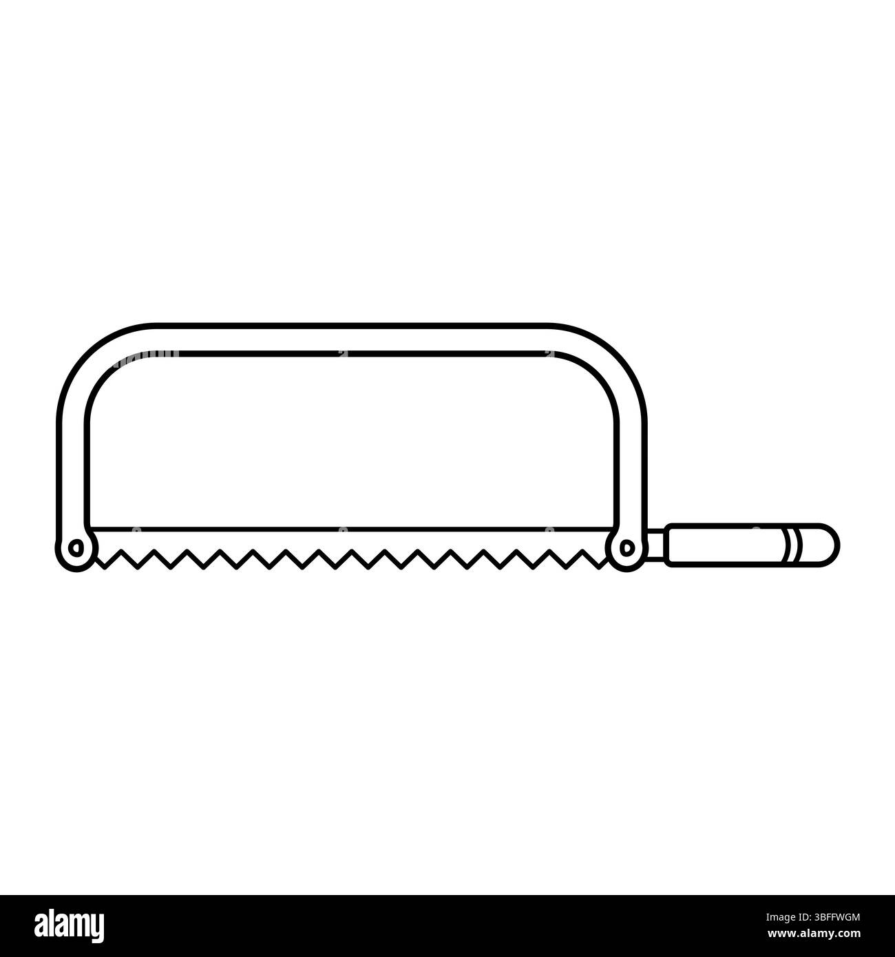Scie à main pour illustration vectorielle de contour métallique. La scie a une lame droite dentelée, avec un cadre rectangulaire et un manche arrondi pour la prise en main. Illustration de Vecteur