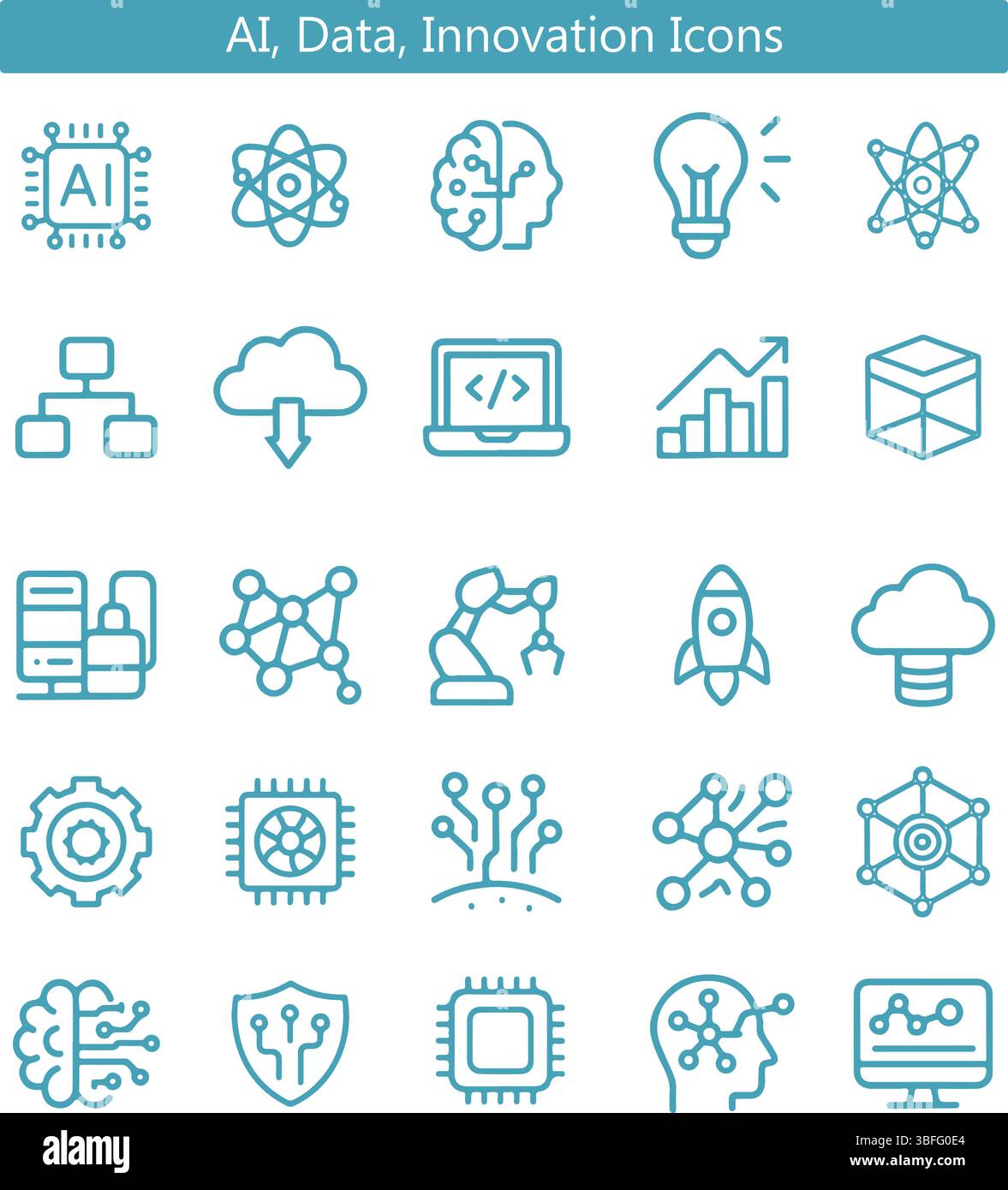 Icônes IA, données et innovation Line – technologie, machine Learning, Cloud, ensemble de vecteurs d'automatisation Illustration de Vecteur