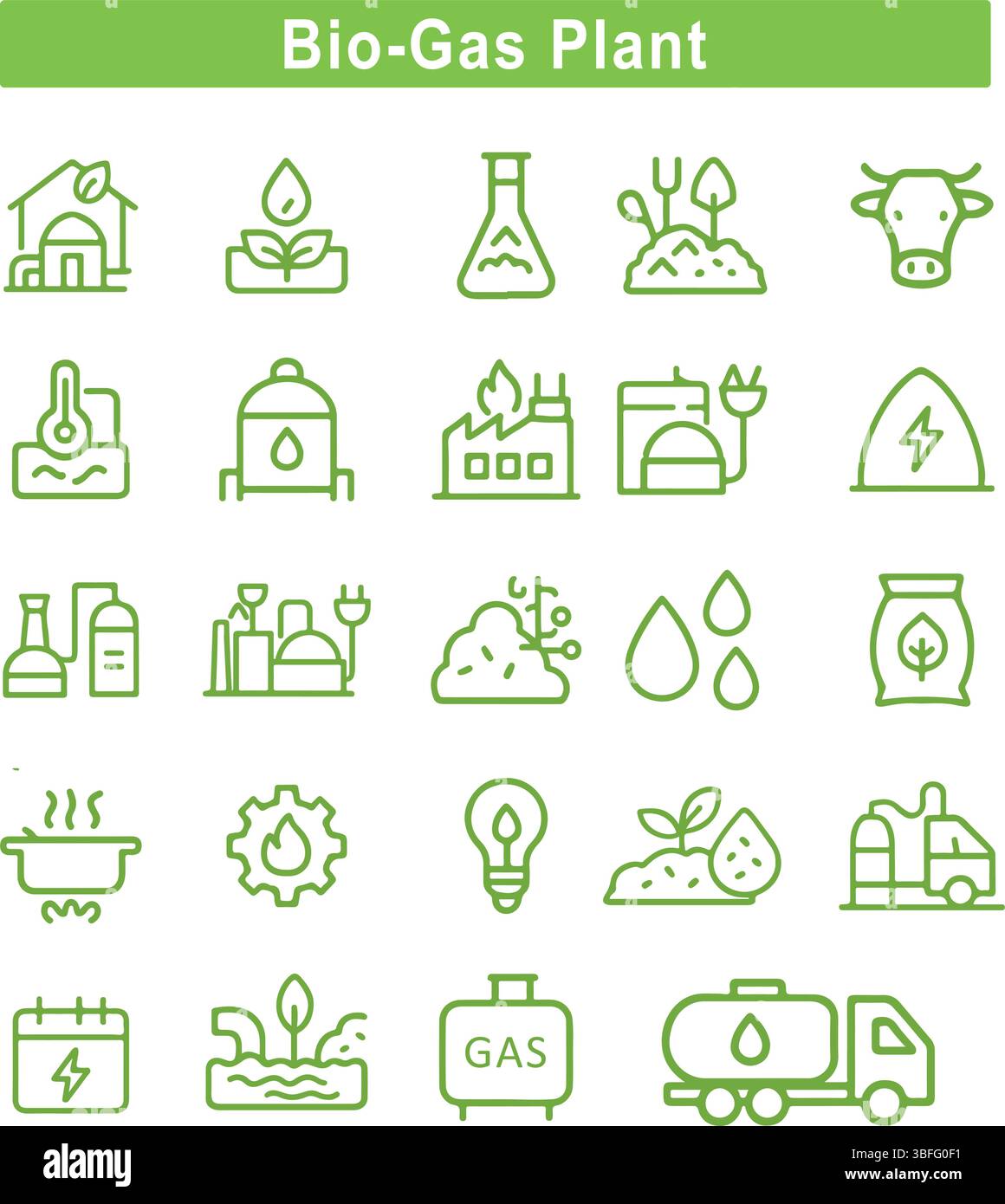 Jeu d'icônes d'usine de biogaz - énergie renouvelable, carburant organique, agriculture écologique, vecteurs d'énergie verte Illustration de Vecteur
